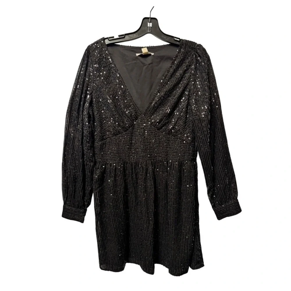 MICHAEL KORS Black Sequin V‎ Neck Long Sleeve Smocked Waist Women's size P/L